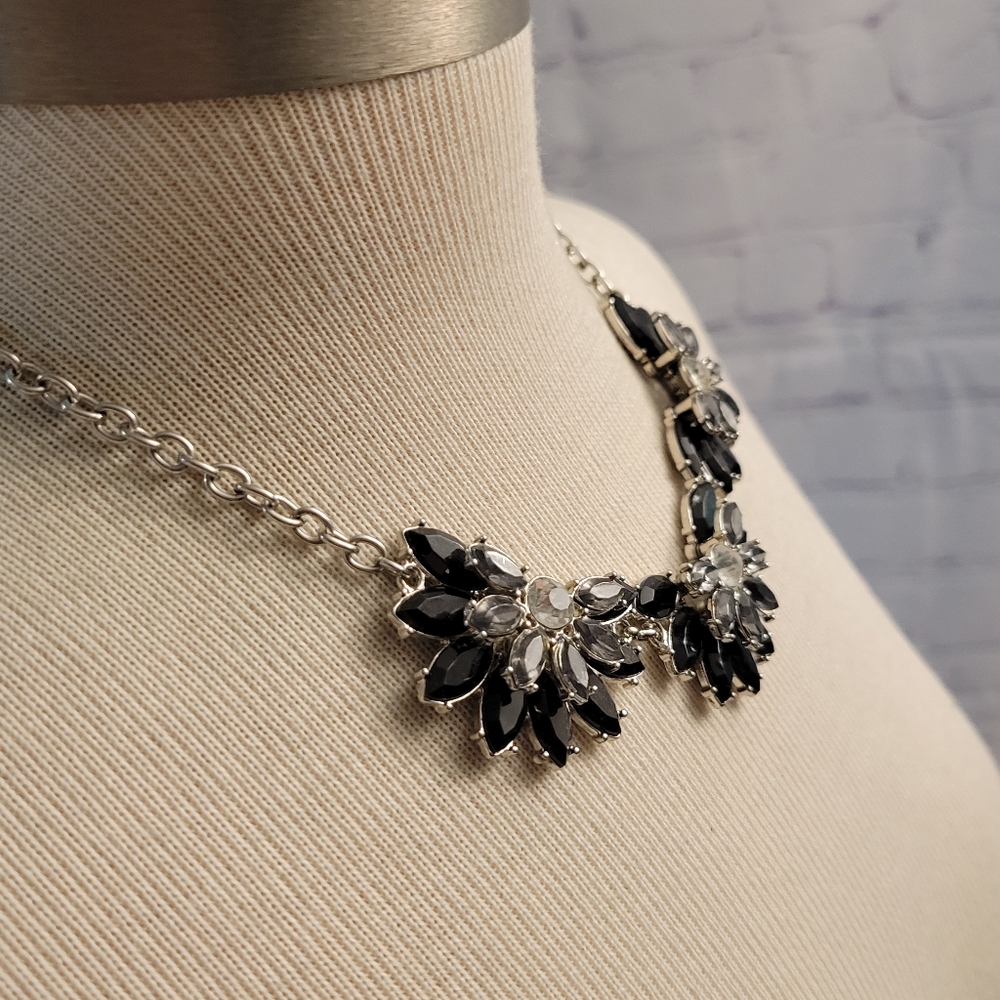 Statement Necklace Silvertone Crystals - image 3